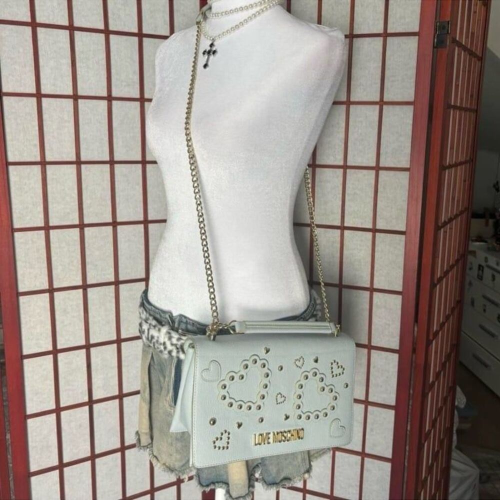 Love Mochino blue leather crossbody bag with hearts in blue and gold colors - Picture 3 of 8